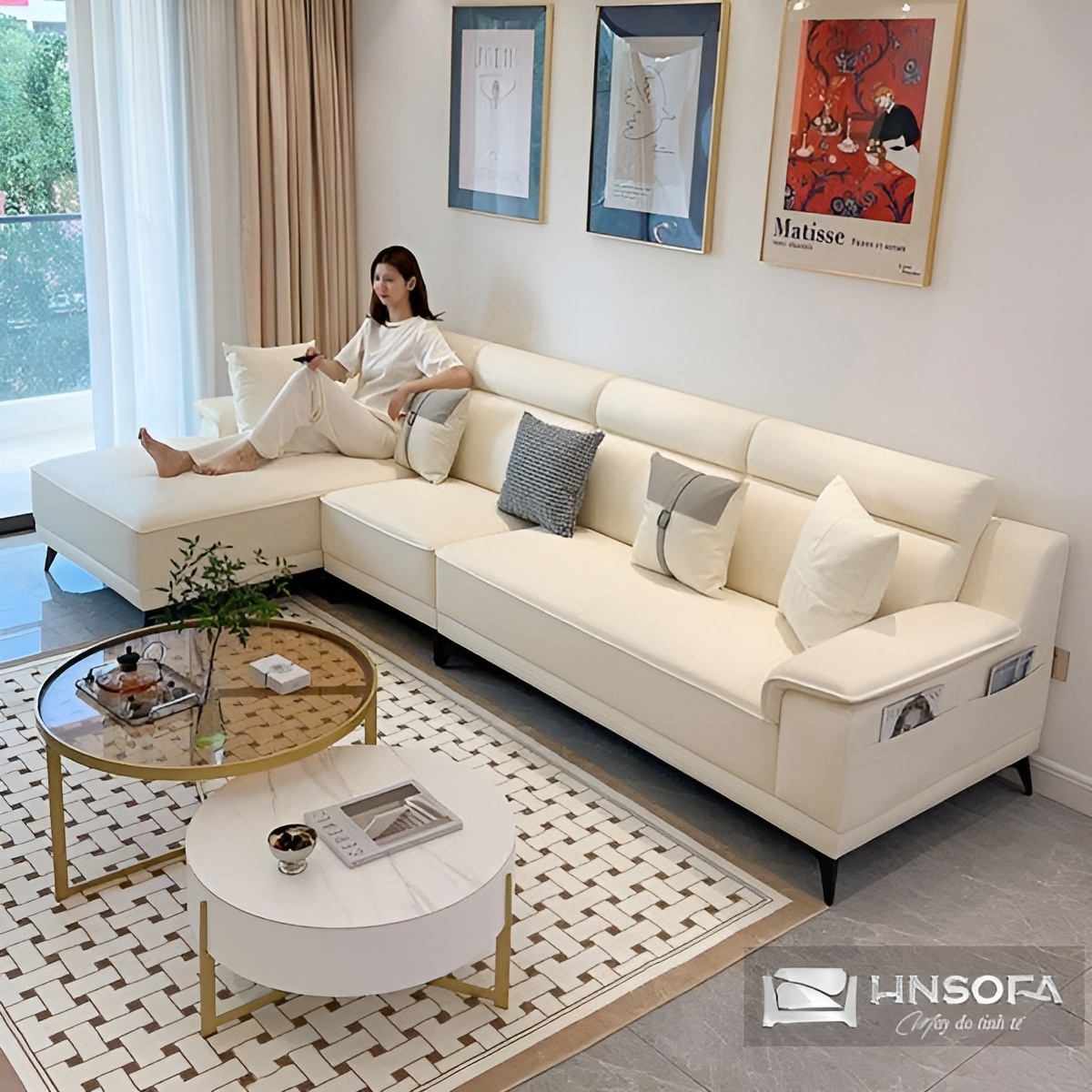 Bộ sofa góc L bọc da bò nhập khẩu Ý HNS225
