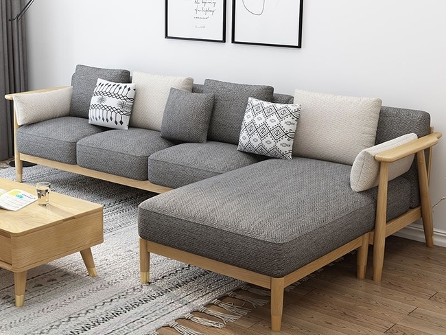 Đệm ghế sofa gỗ chữ L lót đệm dày kèm gối