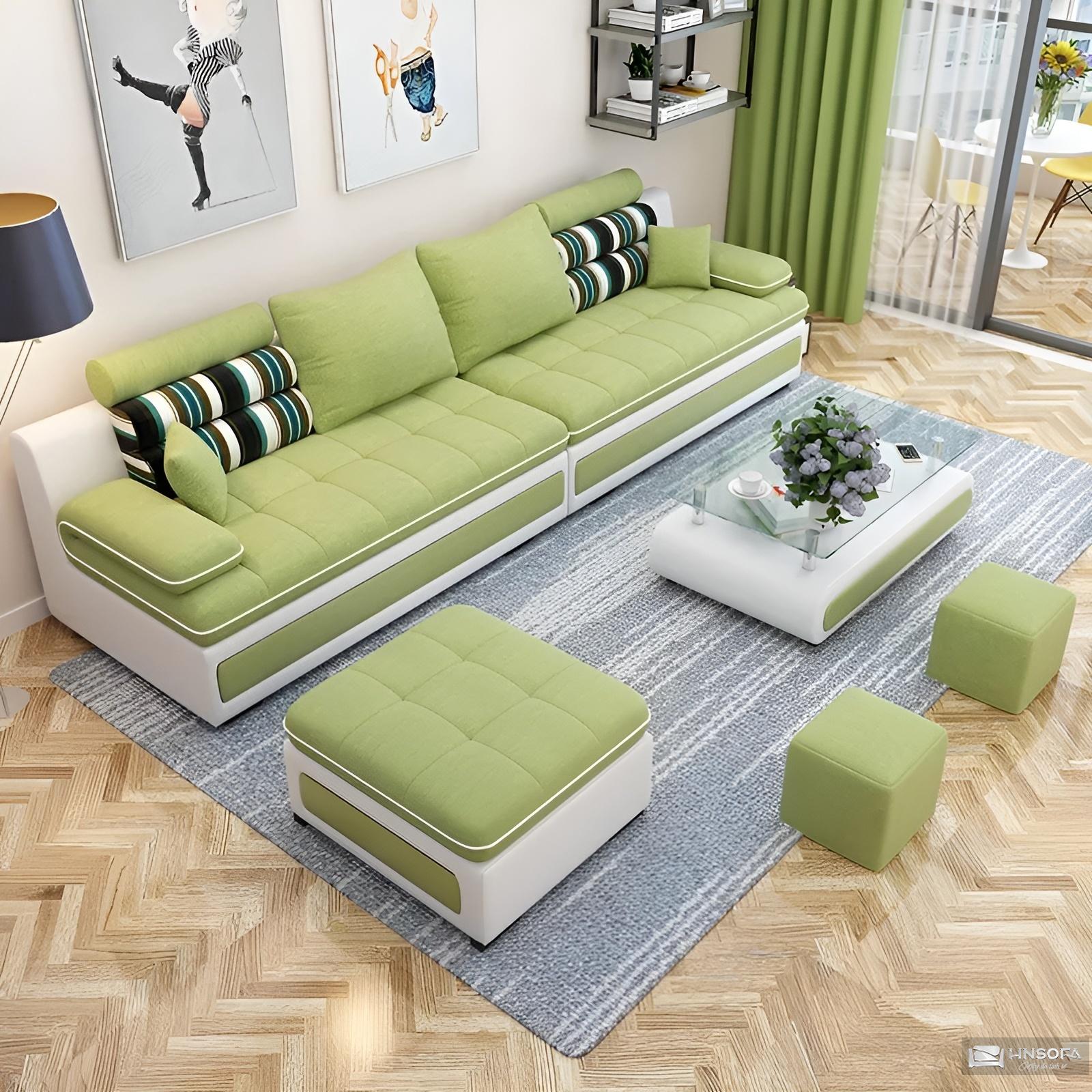 Ghế sofa có lớp bọc bên ngoài là vải bố màu xanh tươi mát