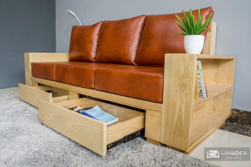 Ghế sofa gỗ có ngăn kéo có đệm bọc da ấn tượng