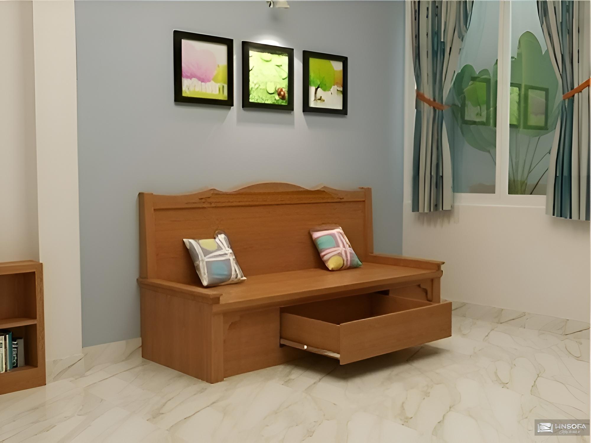 Ghế sofa gỗ có ngăn kéo thể hiện sự tinh tế và sang trọng trong phòng khách