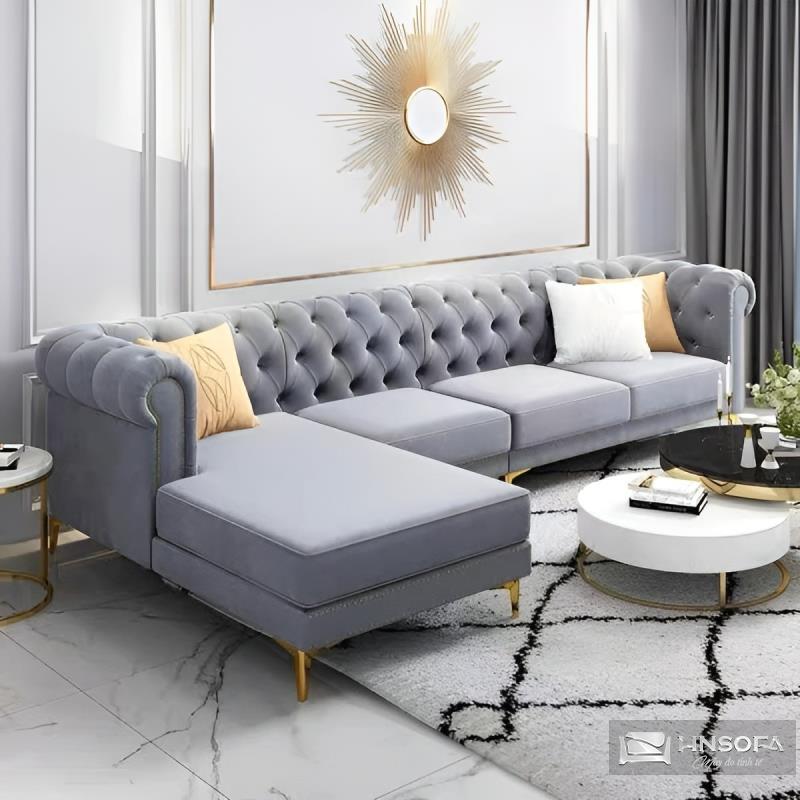 Ghế sofa góc L tân cổ điển chân inox mạ vàng HNS151