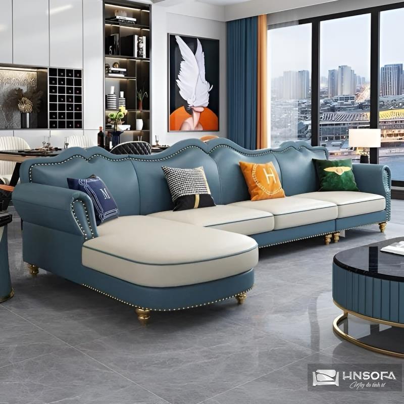 Ghế sofa tân cổ điển góc L chân inox mạ vàng sang trọng HNS149