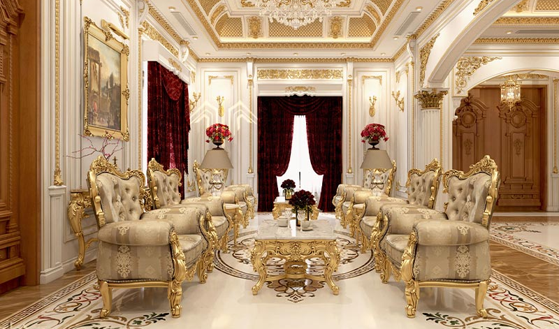 Ghế sofa tân cổ điển mạ vàng vô cùng phù hợp cho phong cách Tân cổ điển Châu u 