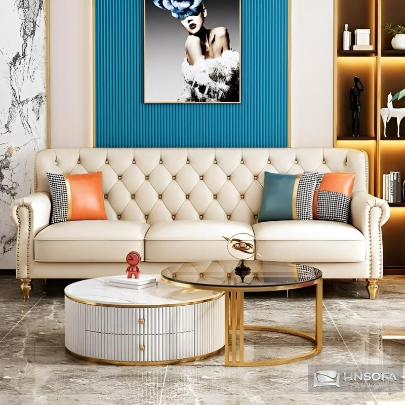 Ghế sofa văng bọc da chân inox mạ vàng HNS152