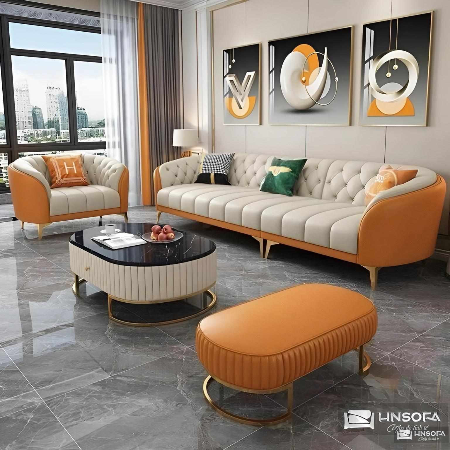 Bộ ghế có sự kết hợp giữa màu be nhạt và cam đầy ấn tượng