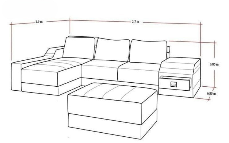 Kích thước ghế sofa chữ L 2.7mx1.9mx0.85m