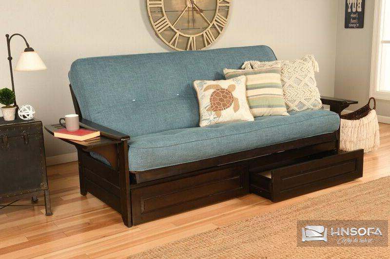 Mẫu ghế sofa gỗ có ngăn kéo bọc vải nỉ êm ái