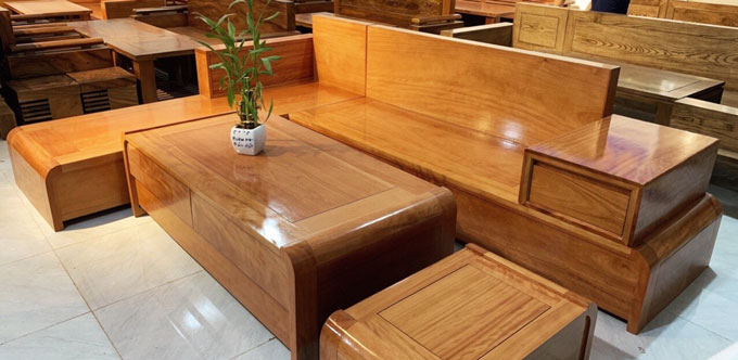 Mẫu sofa gỗ gõ đỏ góc chữ L độc đáo