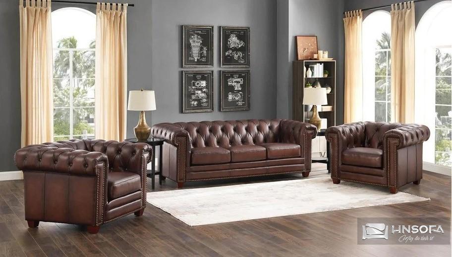 Mẫu sofa băng tân cổ điển bọc da nâu bề thế HNS65TCĐ