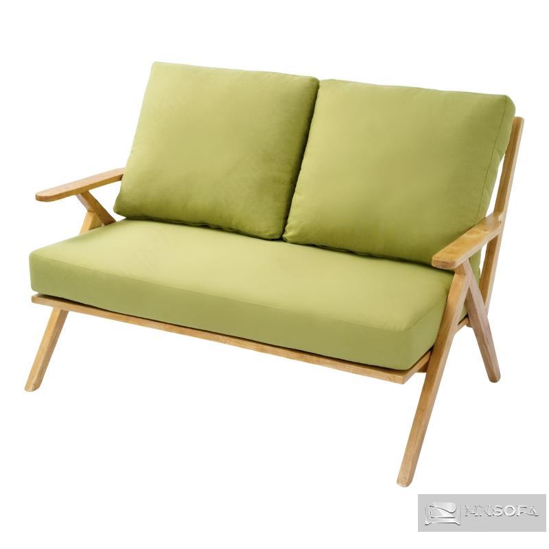 Mẫu sofa tay gỗ dành cho 2 người màu xanh lá mạ bắt mắt, nổi bật