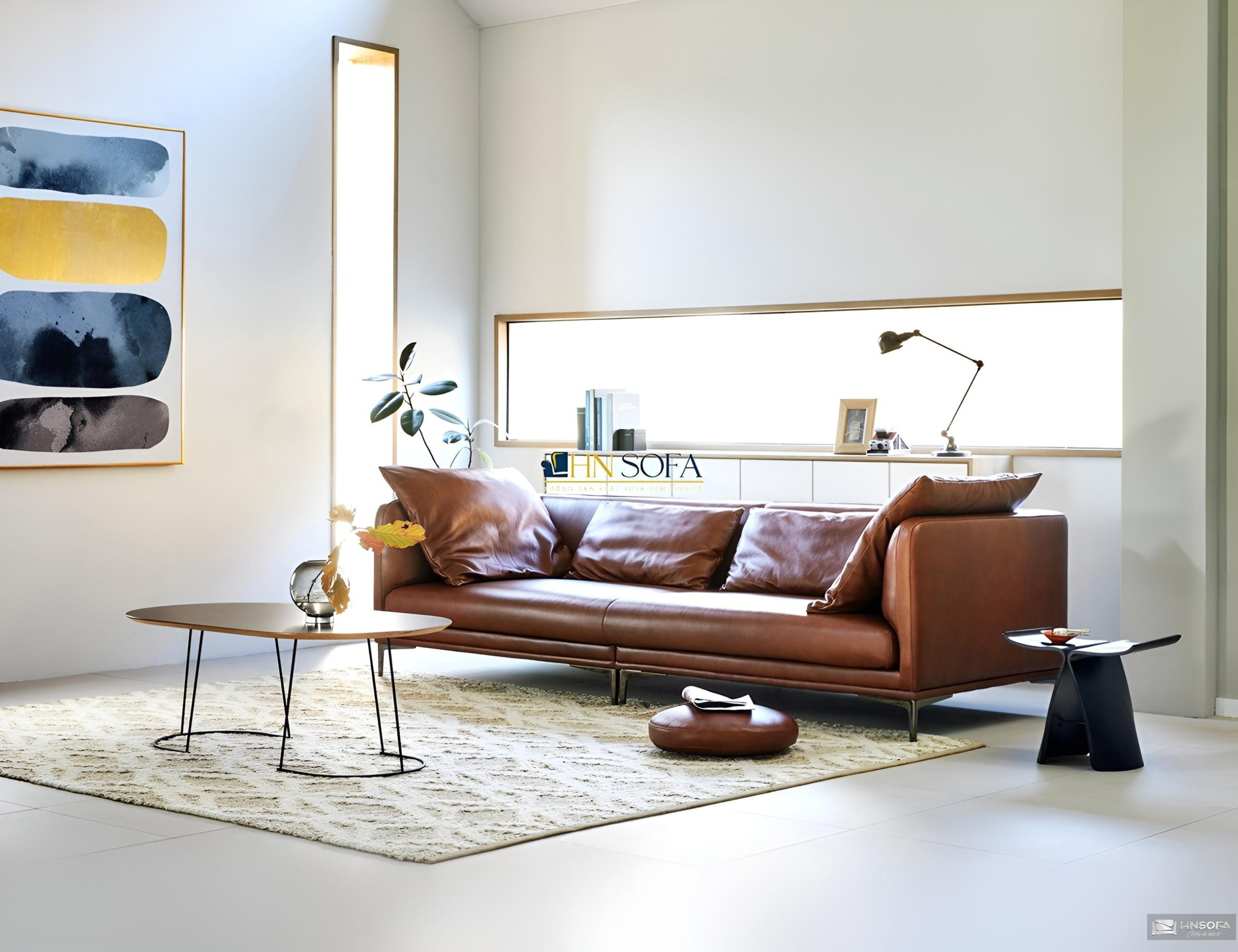 Mẫu sofa văng giả da Hàn Quốc màu nâu bò HNS49