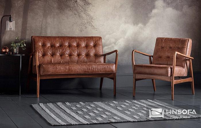 Sofa chất liệu da màu nâu sẫm phong cách vintage