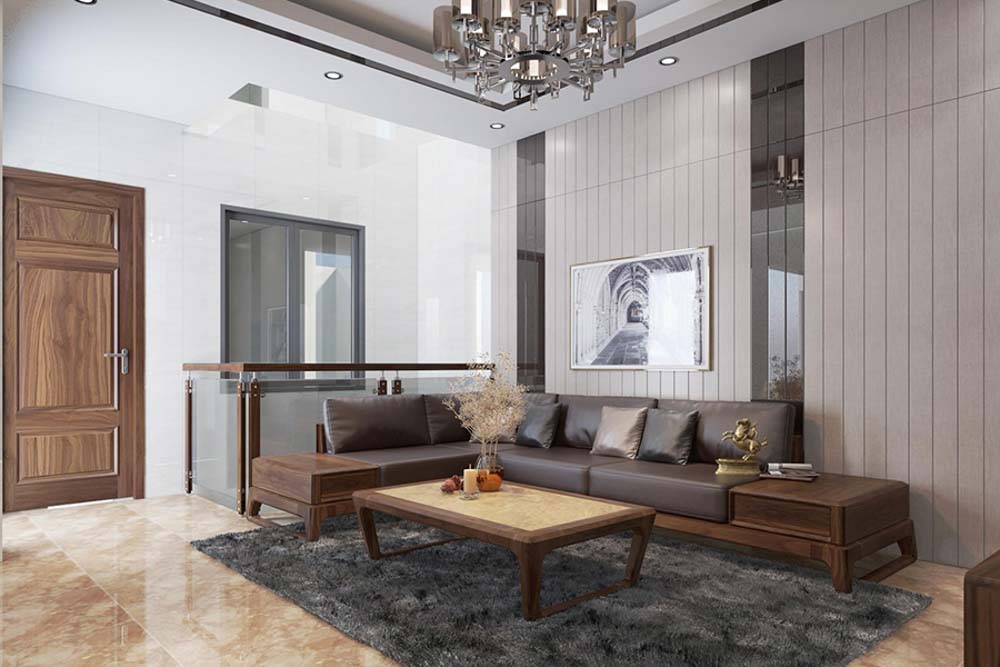 Sofa chữ L gỗ óc chó - Nội Thất Đương Đại