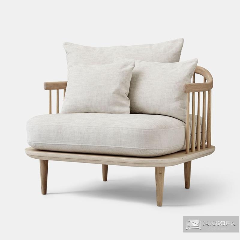 Sofa fly gỗ sáng kết hợp đệm nỉ xám