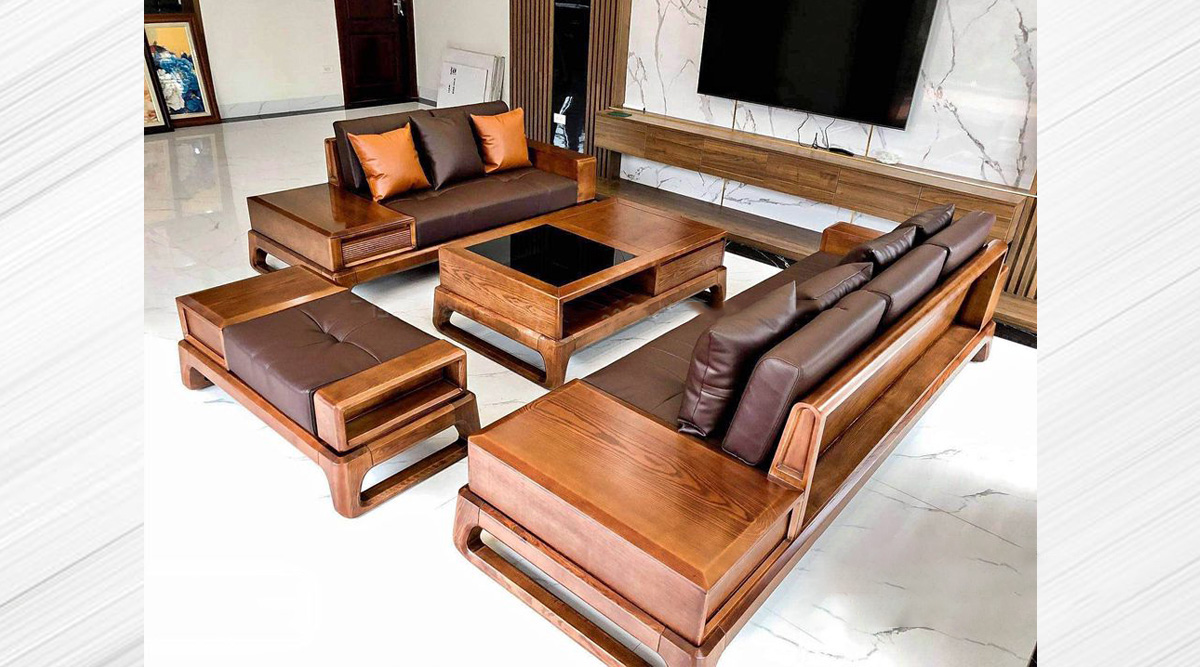Bộ sofa gỗ tần bì ghép văng màu óc chó sang trọng