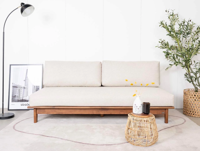 Sofa gỗ tràm tự nhiên bọc vải nỉ màu sáng