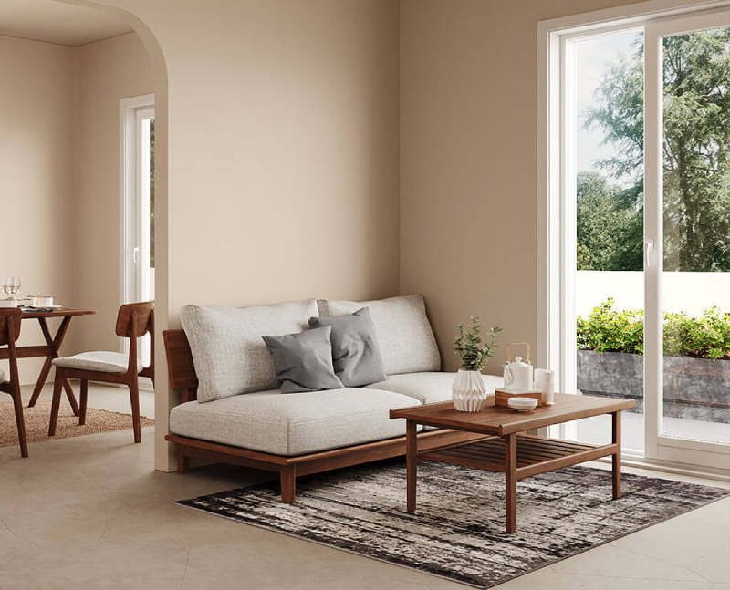 Sofa gỗ tràm tự nhiên sử dụng trong không gian quán cafe