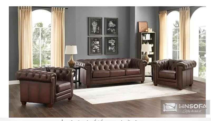 Sofa hoàng gia tân cổ điển bọc da nâu HNS65TCĐ