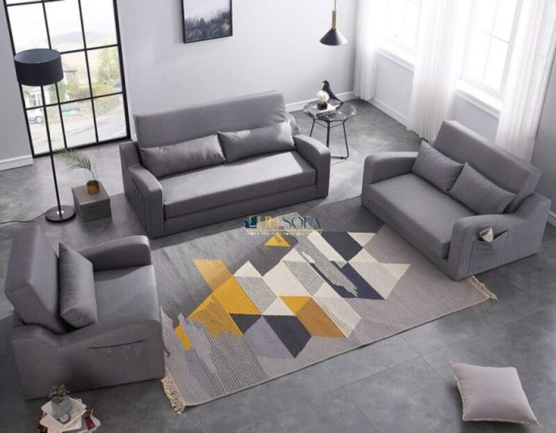 Mẫu ghế sofa màu ghi xám lông chuột cùng thảm trải tại phòng khách