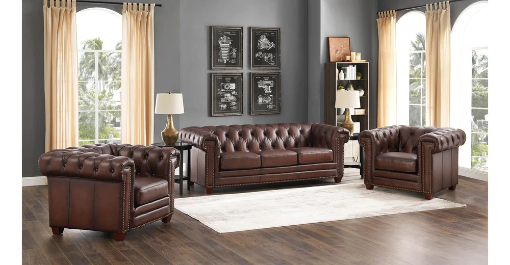 Mẫu sofa băng tân cổ điển bọc da nâu bề thế HNS65TCĐ