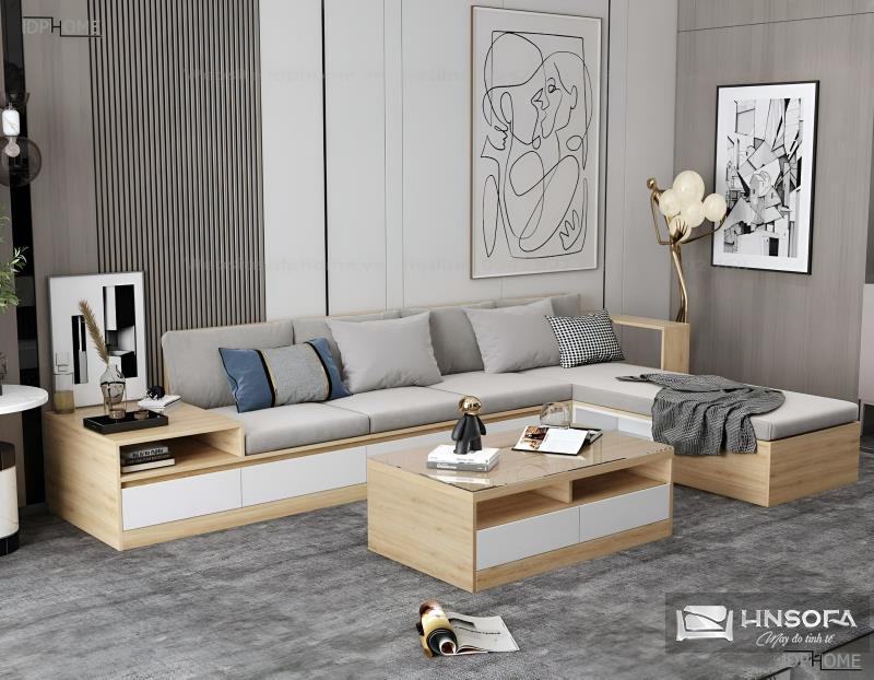 Sofa tay gỗ phòng khách theo phong cách đơn giản, hiện đại